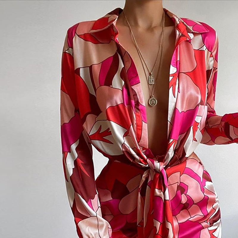 Dame Elegant Wrap Kjole med blomsterdesign og lange ærmer Stilla