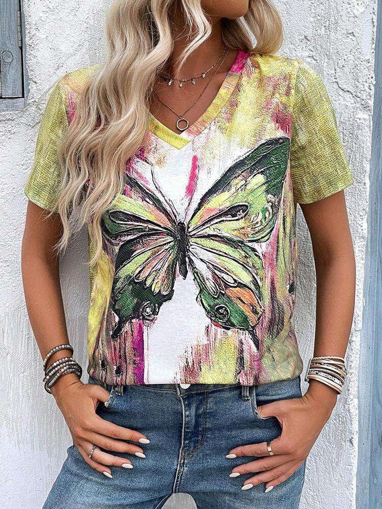 Dame V-hals T-shirt med kunstnerisk sommerfugletryk og afslappet pasform Stilla