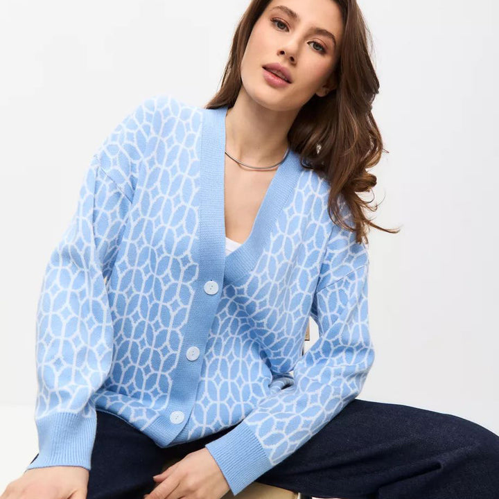 Dame strikk cardigan med moderne geometrisk mønster og behagelig pasform Stilla
