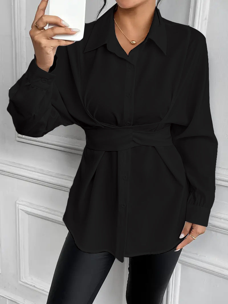 Dame elegant bluse med figursyet bælte og struktureret krave Stilla