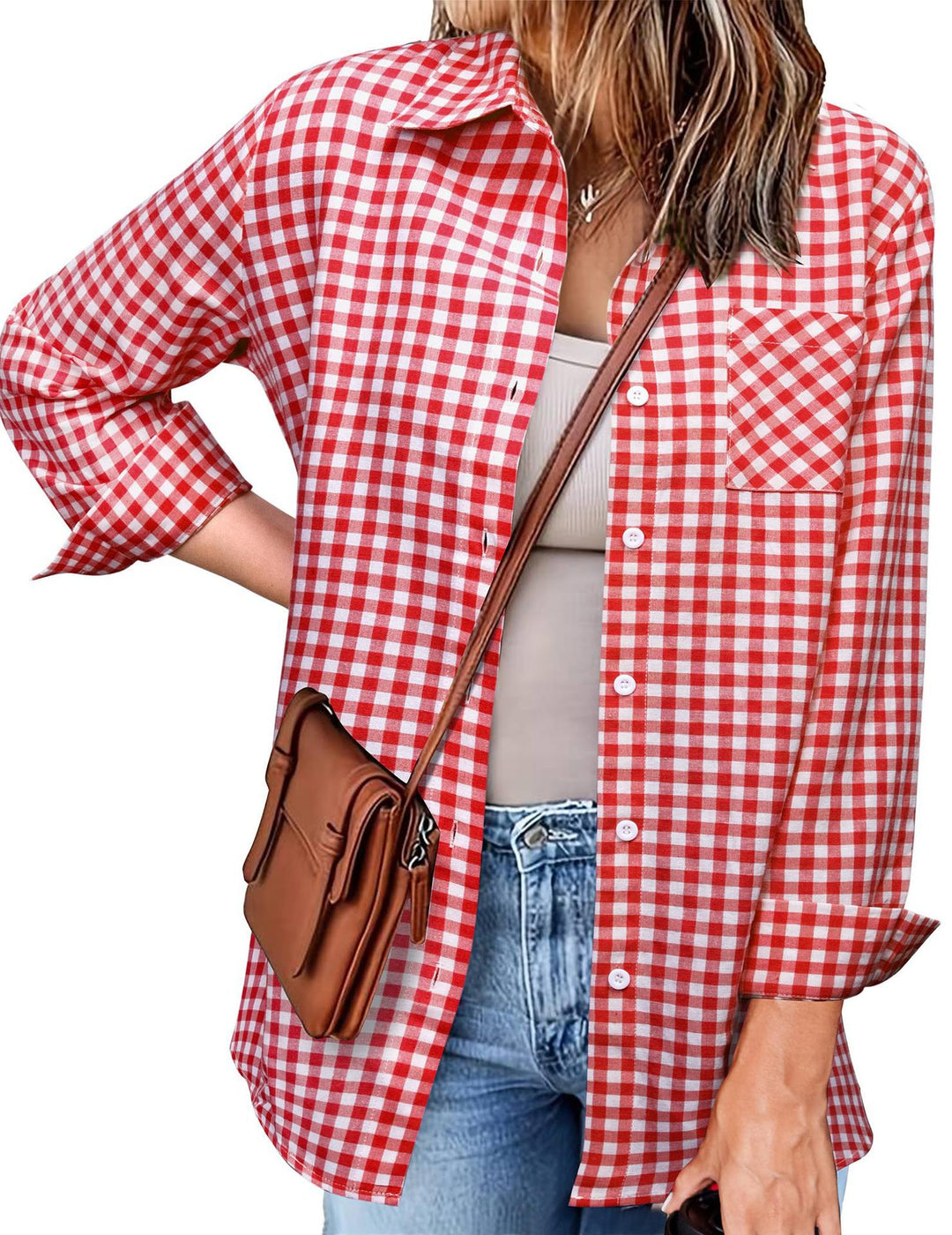 Femme Button-Up Gingham Check Shirt Stilla