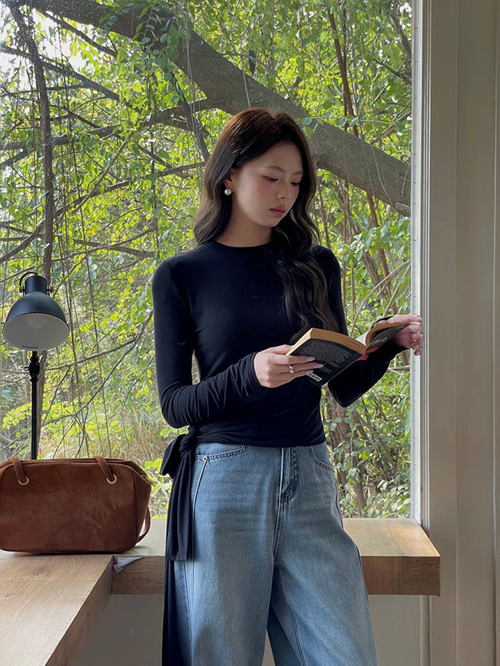 Dame Longsleeve Shirt med elegant rund halsudskæring og figursyet snit Stilla