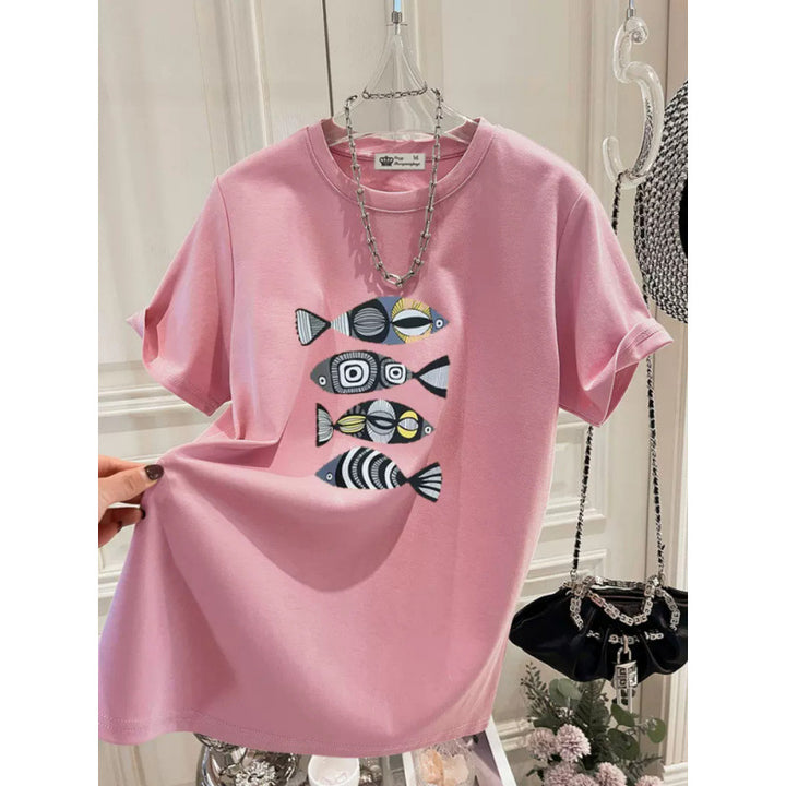Dame T-Shirt med kreativt fiske motiv og afslappet pasform Stilla