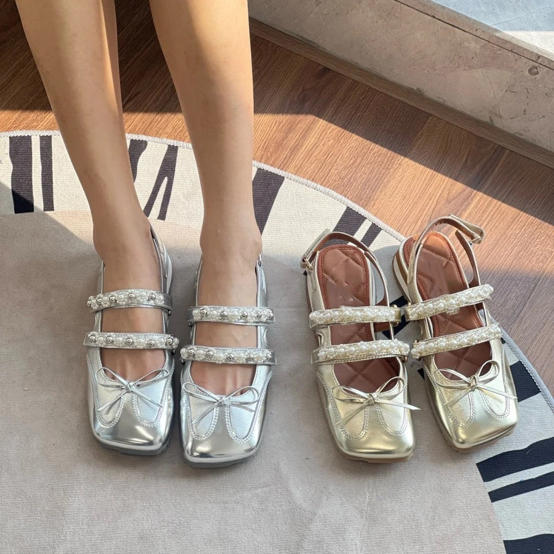 Dame elegante ballerinas med kvadratisk tåform og perleudsmykninger Stilla