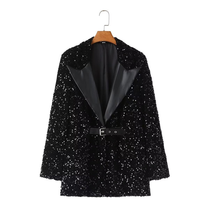 Femme Paillettenbesat Blazer med Bælte Stilla