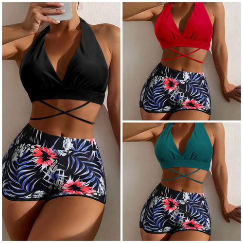 Femme Halterneck Bikini-Overskud og floral Print Højtaljede Shorts Sæt Stilla