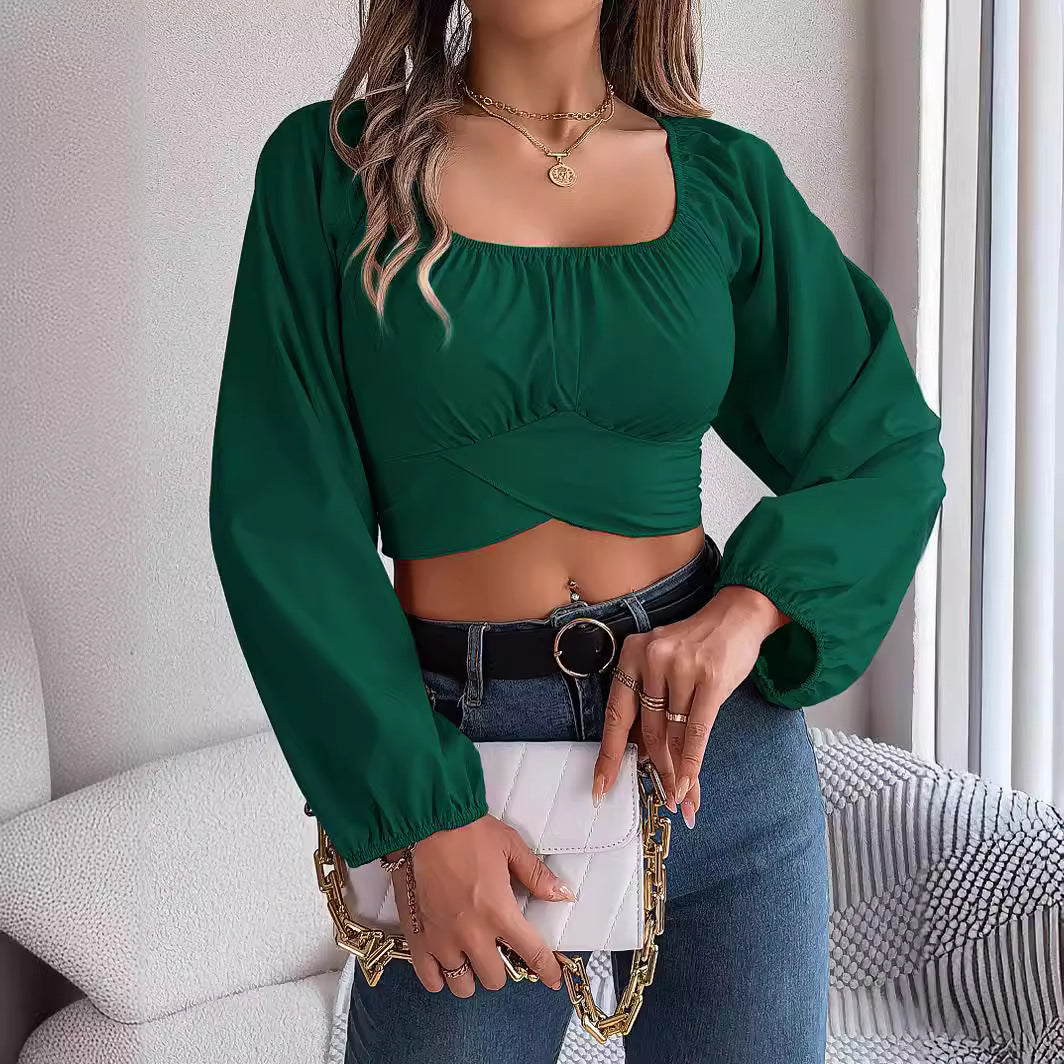 Dame Cropped Bluse med udvidede ærmer og knude detaljer Stilla