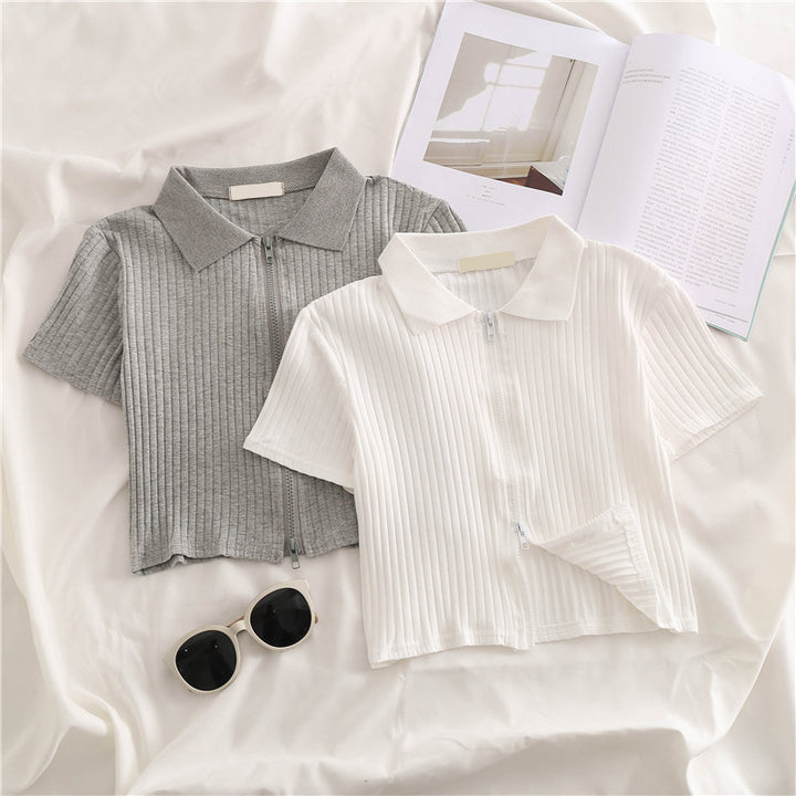 Femme Lynlås Rib-Crop-Polo-Top Stilla