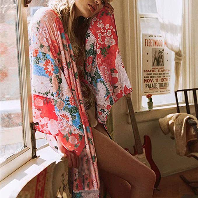 Dame floral Maxi-Kimono med sideslids og bindebælte Stilla