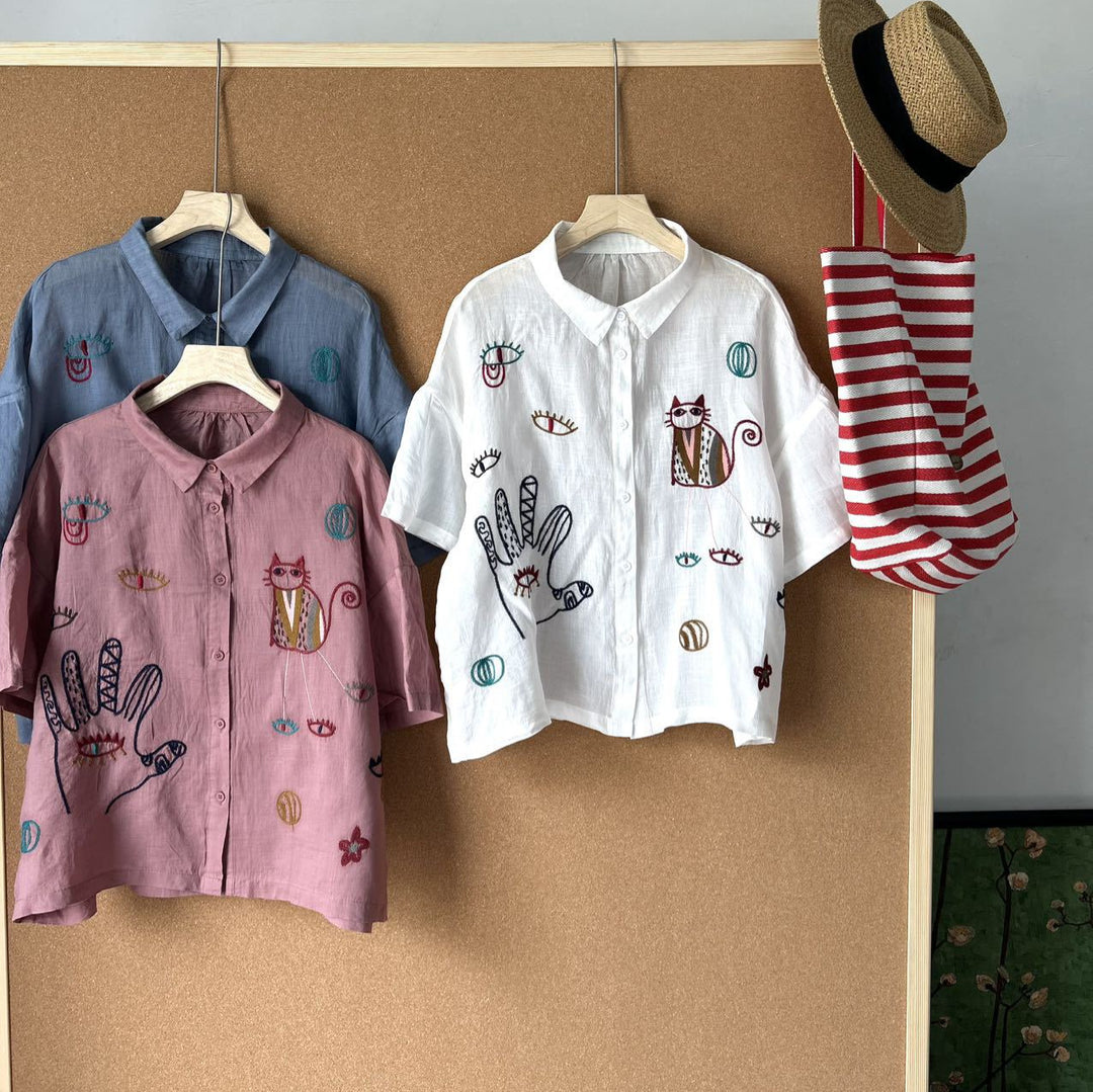 Femme Broderet Kort Button-Up Skjorte og Højtaljet Maxi Nederdel Sæt Stilla
