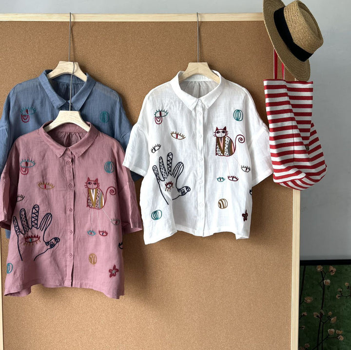 Femme Broderet Kort Button-Up Skjorte og Højtaljet Maxi Nederdel Sæt Stilla