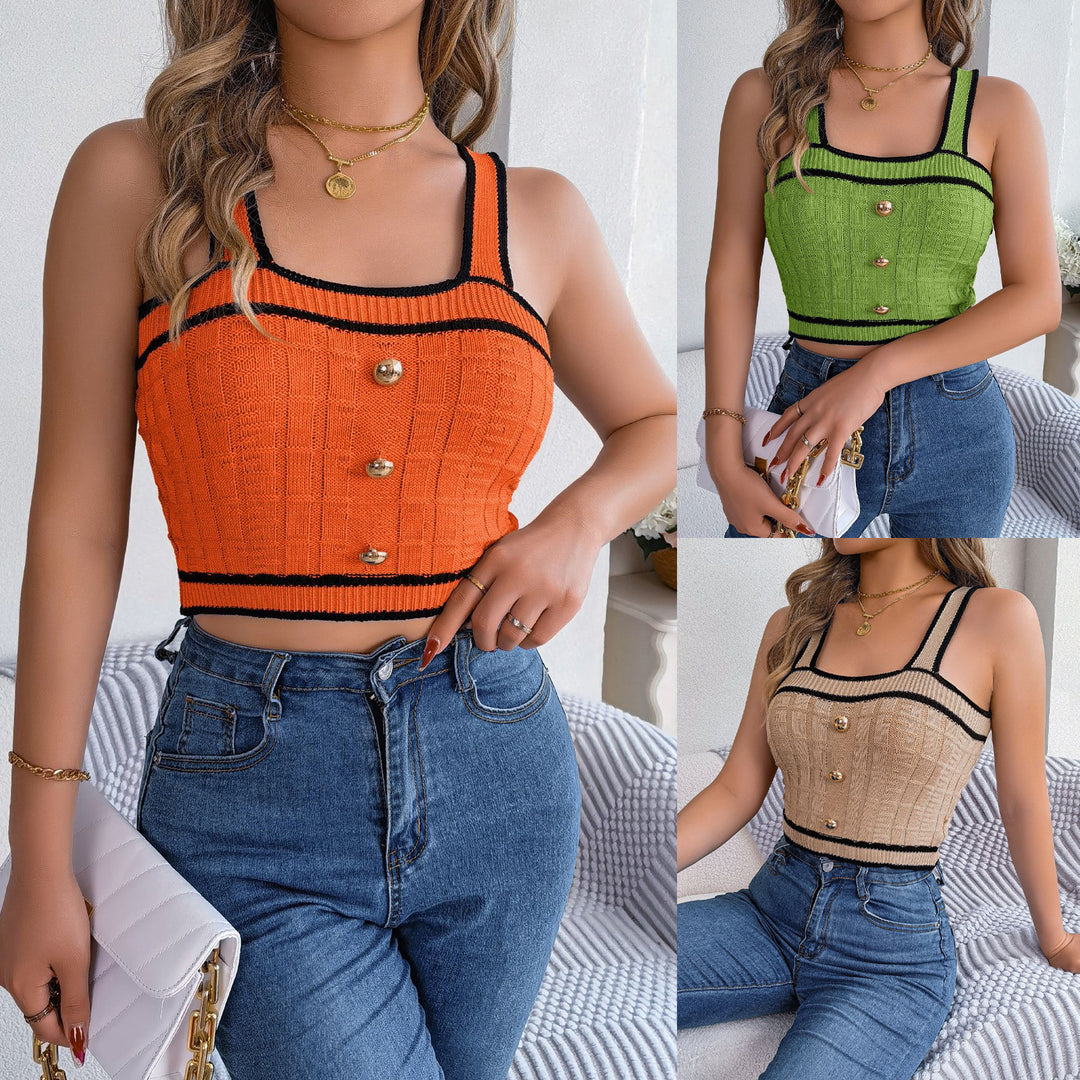 Dame Cropped Striktop med struktureret mønster og knapper Stilla