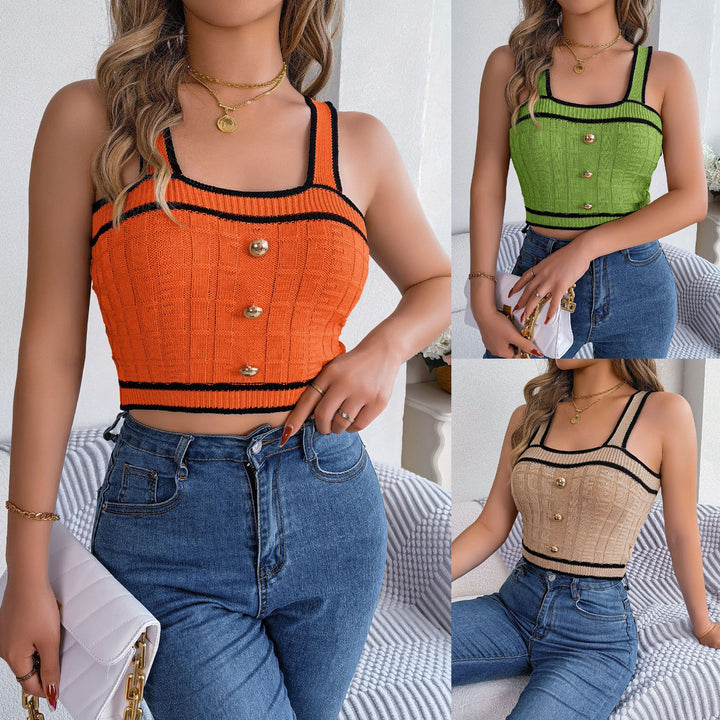 Dame Cropped Striktop med struktureret mønster og knapper Stilla