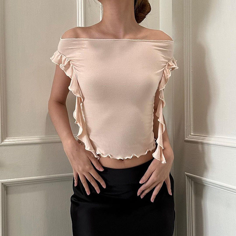 Dame Off-Shoulder Top med flæsedetaljer og tætsiddende pasform Skovae