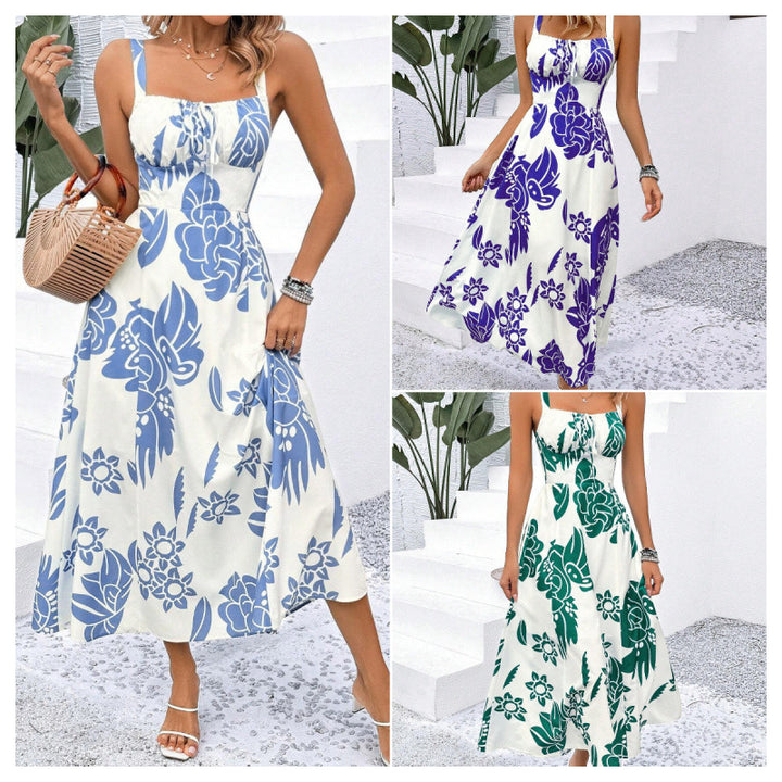Dame Floral Print A-Line Midi Kjole med justerbare stropper Stilla