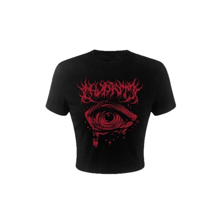 Dame Crop-T-Shirt med kunstnerisk grafikdesign og iøjnefaldende statementtryk Skovae