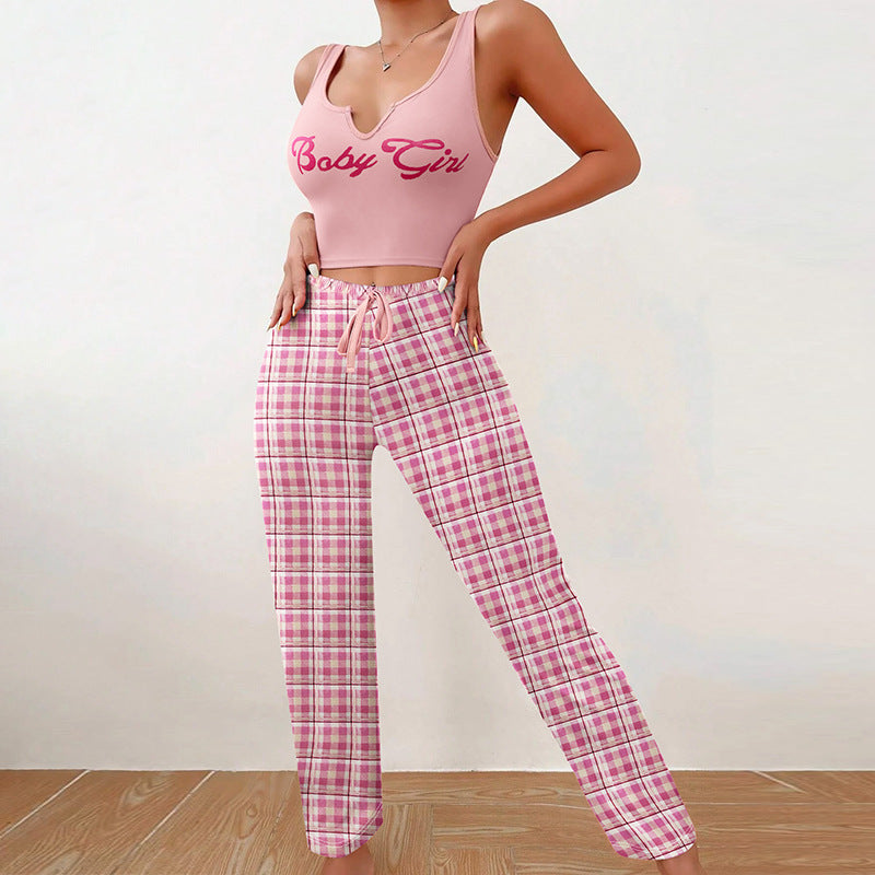 Dame afslappet Crop Top og ternet Bukser Sæt med justerbar linning Stilla