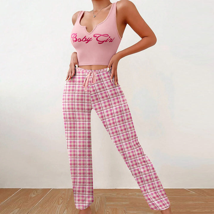 Dame afslappet Crop Top og ternet Bukser Sæt med justerbar linning Stilla