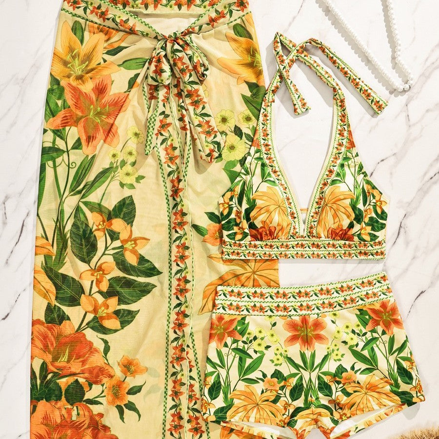 Dame Bikiniset med floral lang overtræk Skovae