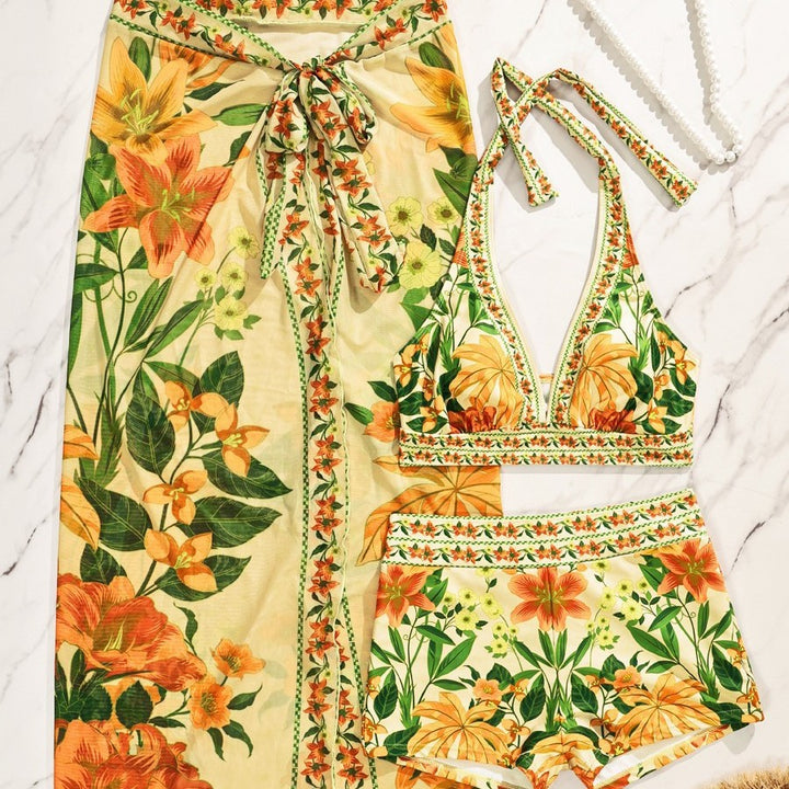 Dame Bikiniset med floral lang overtræk Skovae