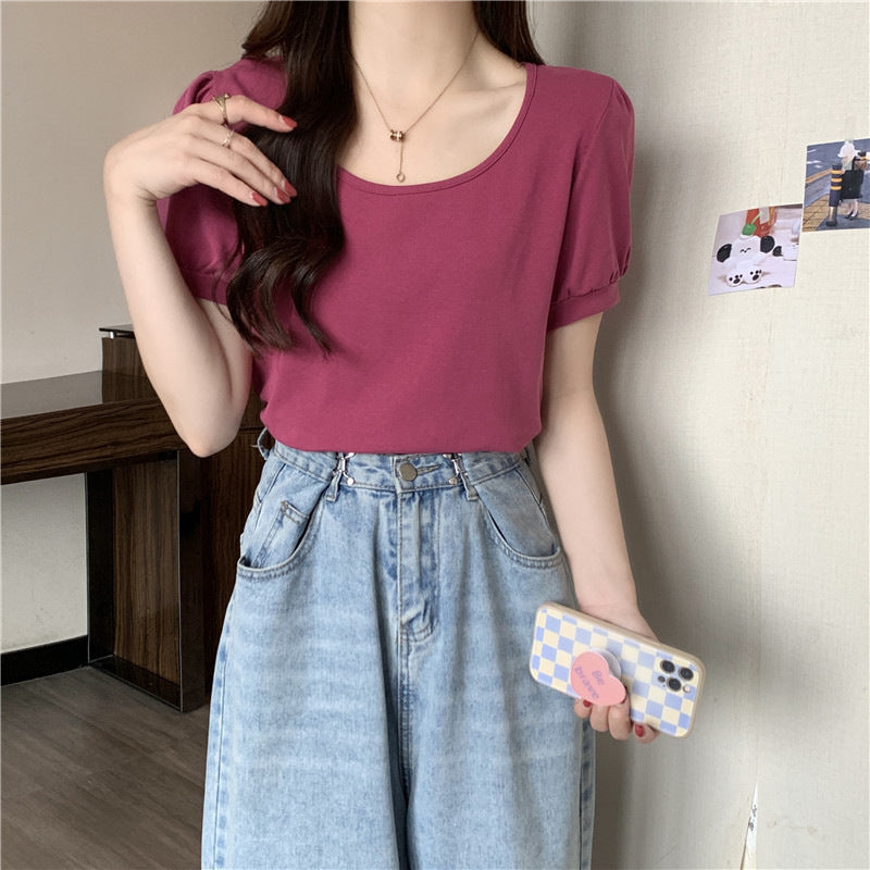 Femme Puff Ærme Casual T-Shirt Stilla