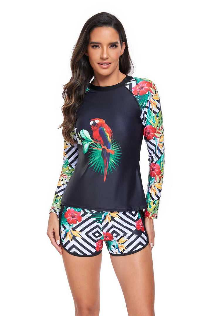 Dame Sportslig Langærmet Rashguard med blomsterdesign og Shorts Stilla