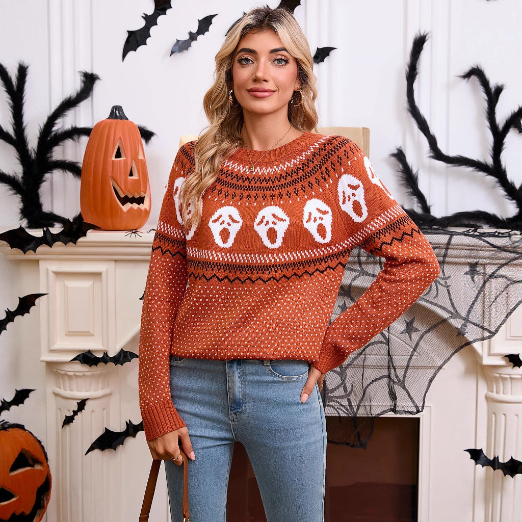 Kvindernes mønstrede strikkede sweater med Halloween-motiver Stilla
