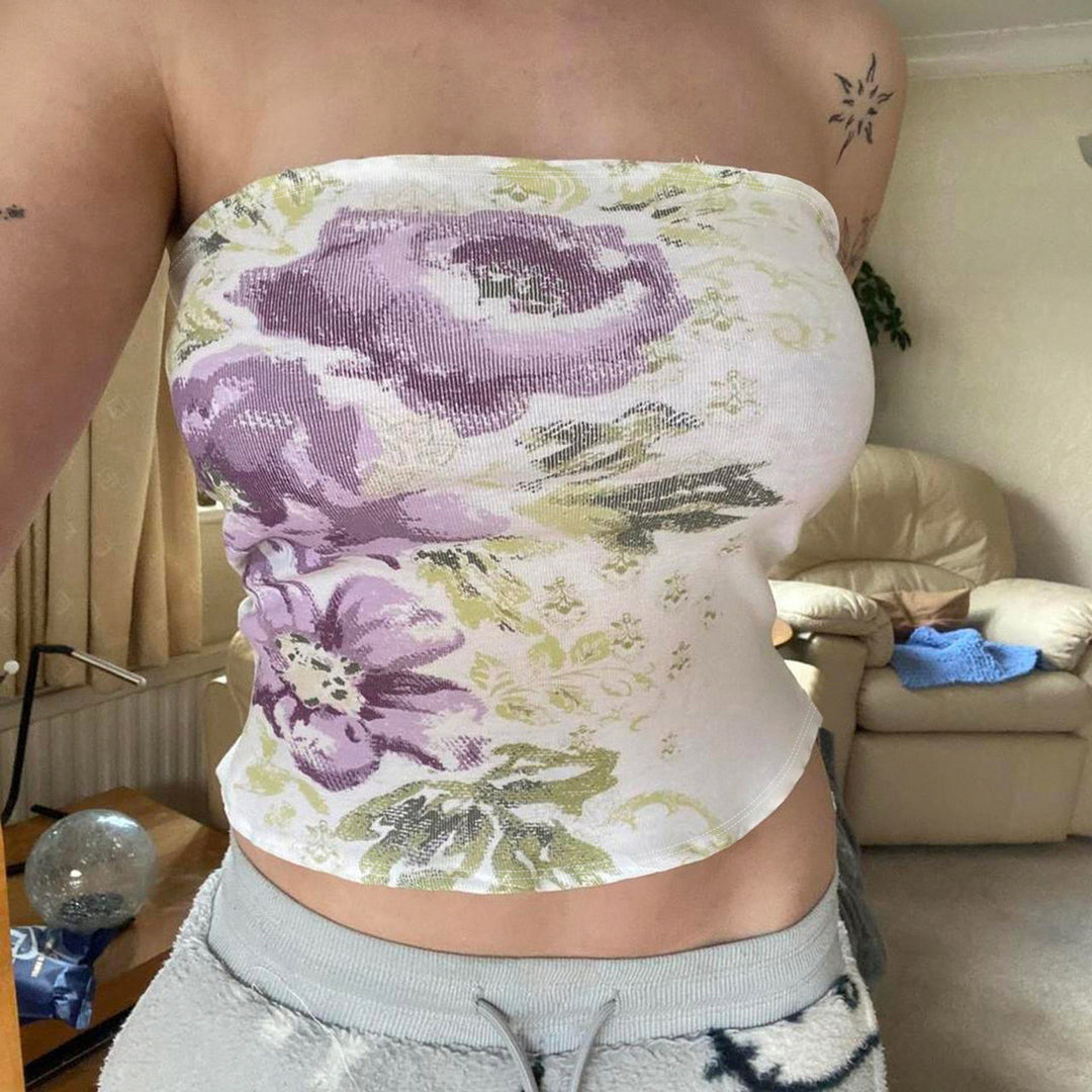 Dame Bandeau-top med floral broderi og elastisk pasform Skovae