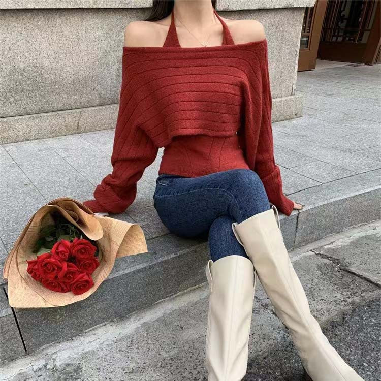 Dame Off-Shoulder Ribstrik Kort Pullover Stilla