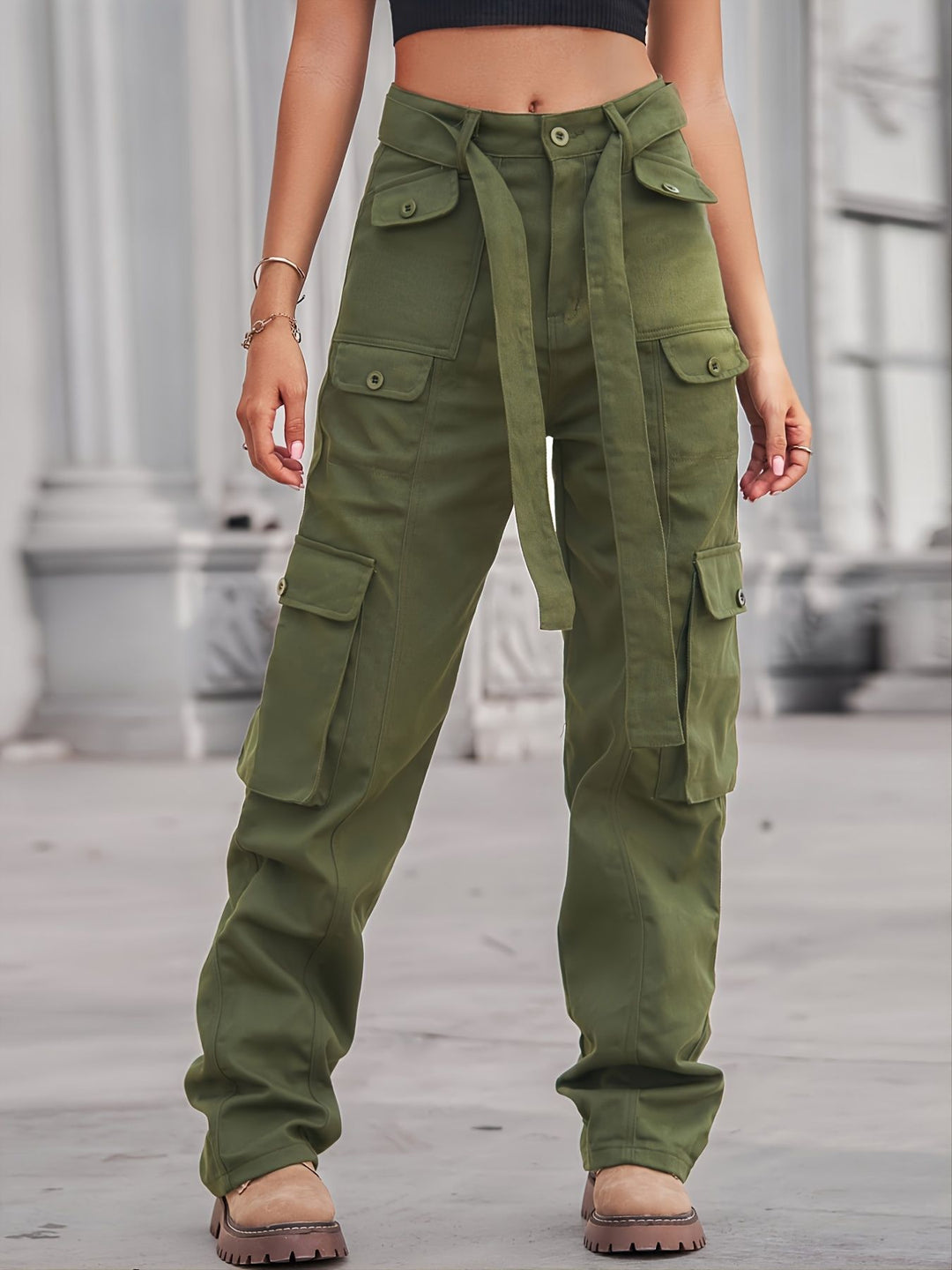 Dame Cargo-bukser med praktiske sidelommer og fashionable bindebånd Stilla