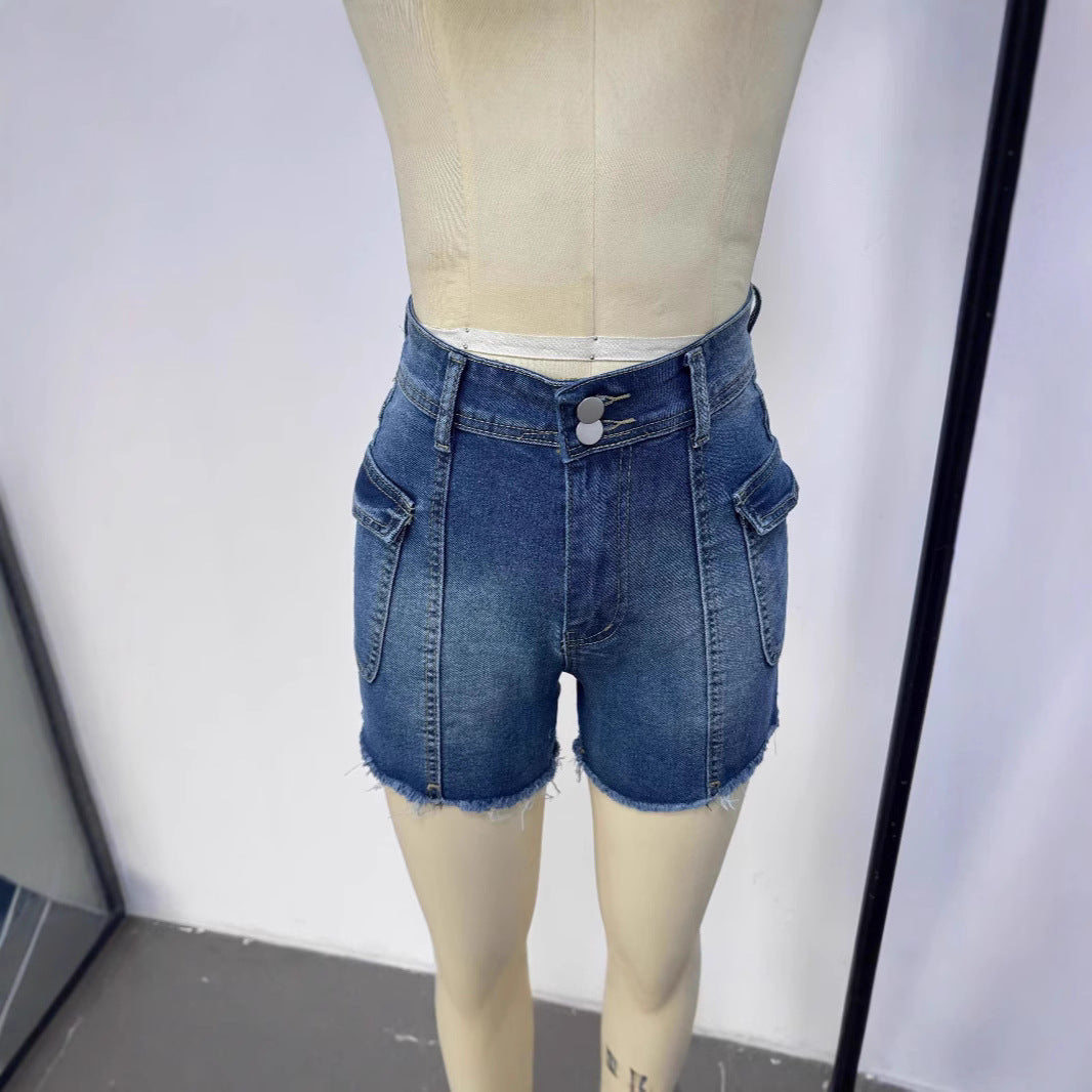 Damer Højtaljede Denim-shorts med funktionelle lommer og frynset kant Stilla