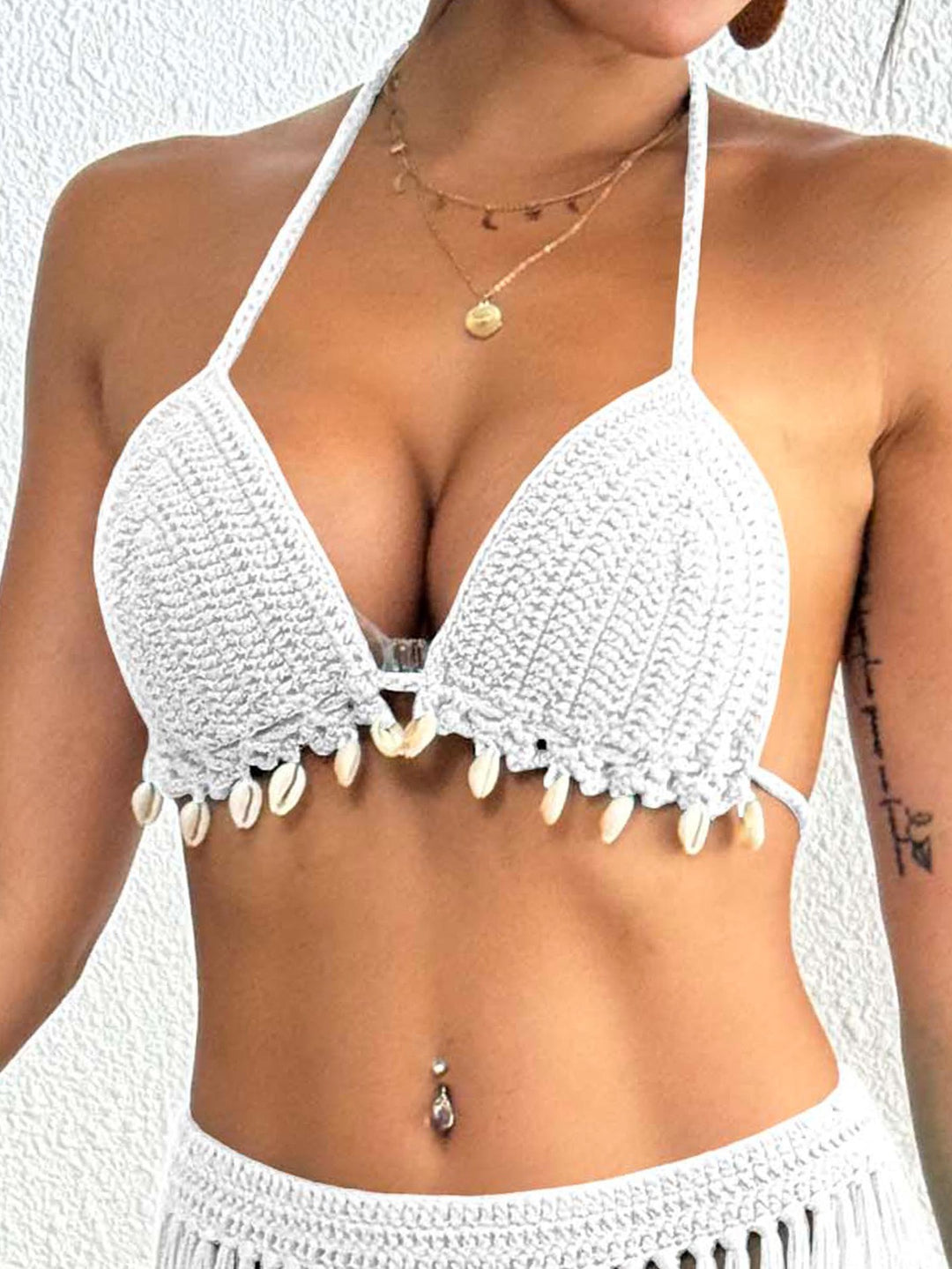 Dame Hæklet-Bikini-Top med Muslingpryd og frynset Design Stilla