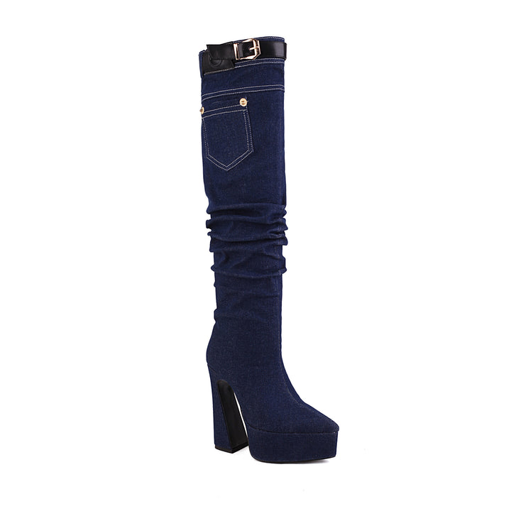 Femme Denim Over-knæ Platform Stiletto Støvler med Bælte-design Stilla