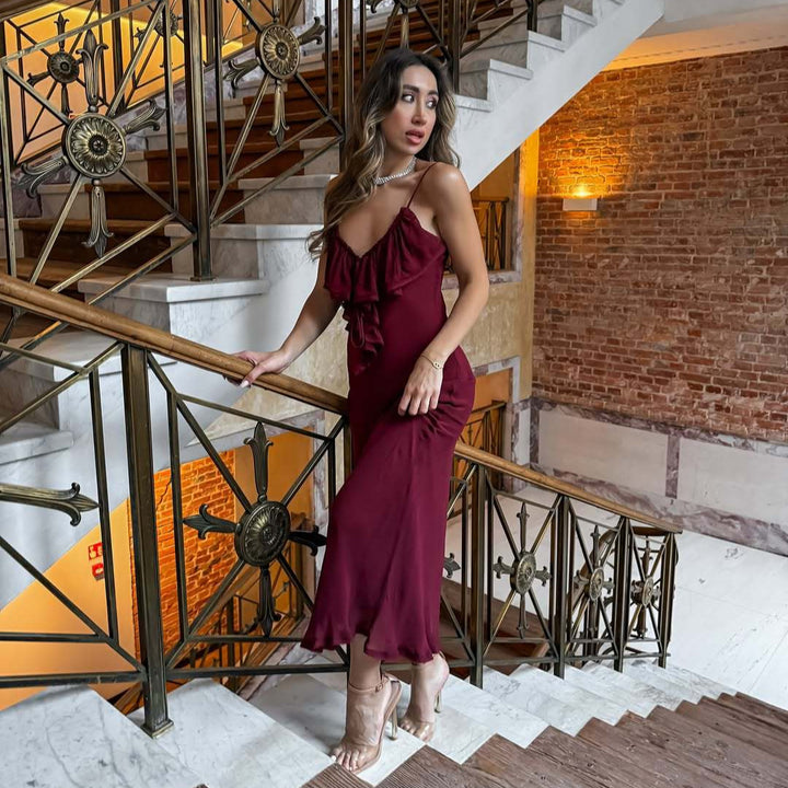 Femme Rynk Chiffon Maxi Kjole med justerbare stropper Stilla