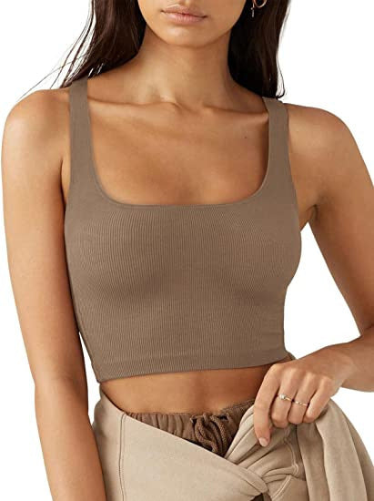 Dame cropped top med brede stropper og fint ribmønster Skovae