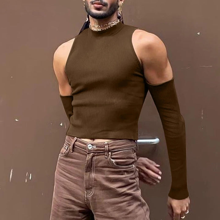 Unisex nan kort ribstrik-overdel med aftagelige armwarmer og skulderfri indsatser Skovae