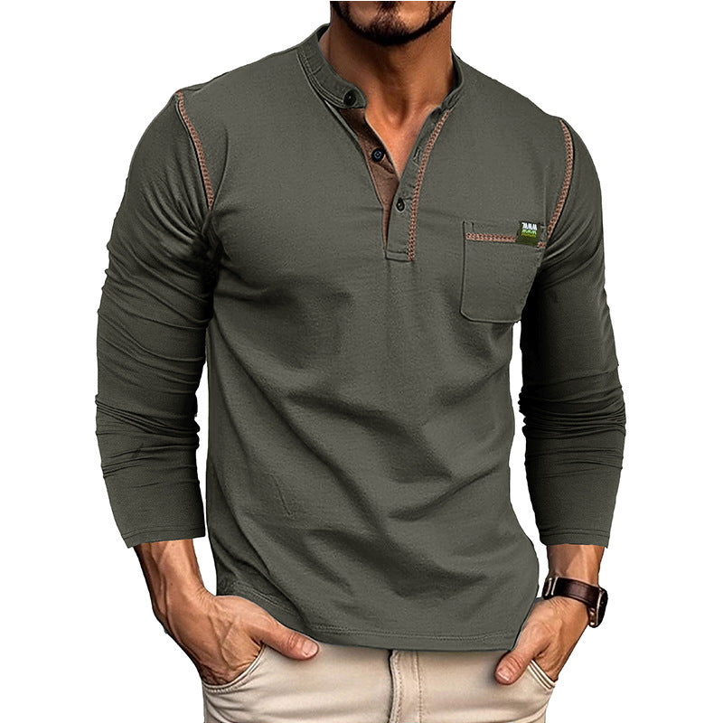 Herren Langærmet T-shirt med moderne krave og brystlomme Stilla