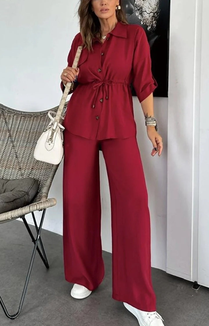 Dame stilfuld og komfortabel sæt bestående af bluse og bukser med fashionable bindebælter Stilla