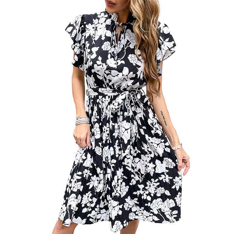 Dame Floral Print Midi Kjole med elegante Flæsekant Stilla
