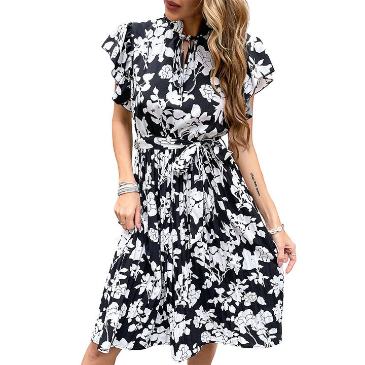 Dame Floral Print Midi Kjole med elegante Flæsekant Stilla