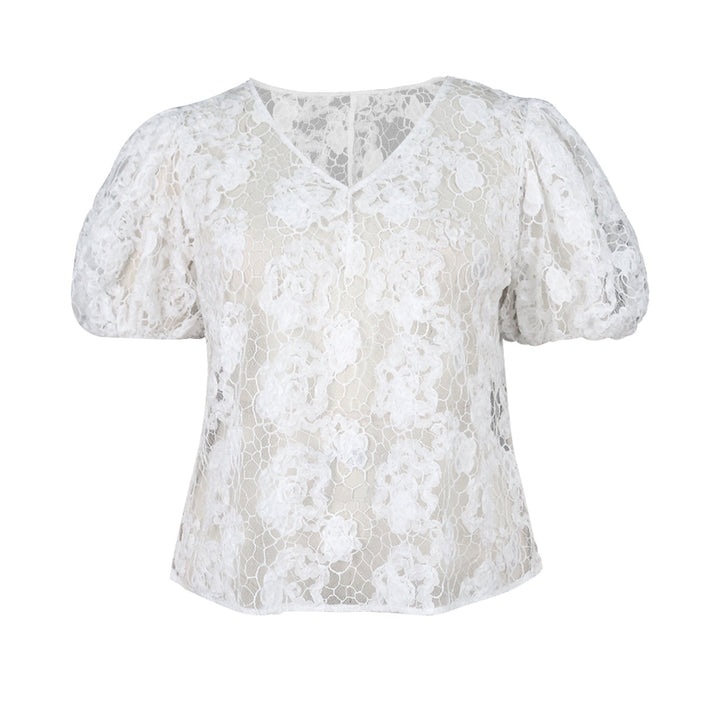 Damebluse med romantiske spidsærmer og blomstret mønster Skovae