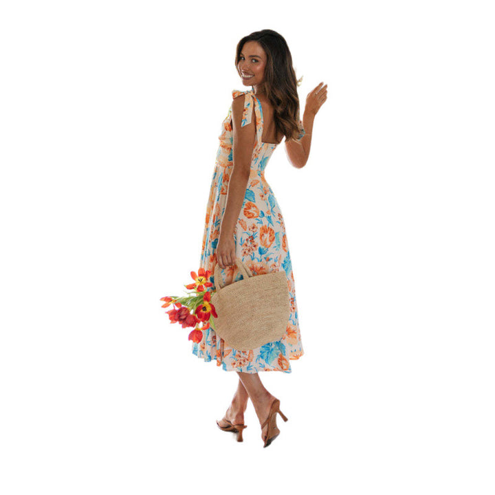 Dame Floral Print Midi Kjole med justerbare stropper og flæse nederdel Stilla