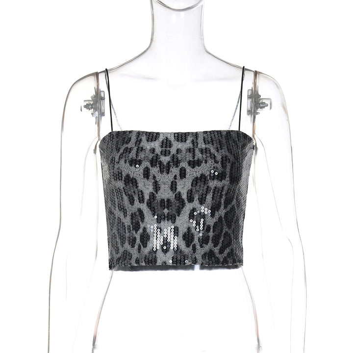 Dame crop-top med glitrende pailletter og leopardmønster Stilla