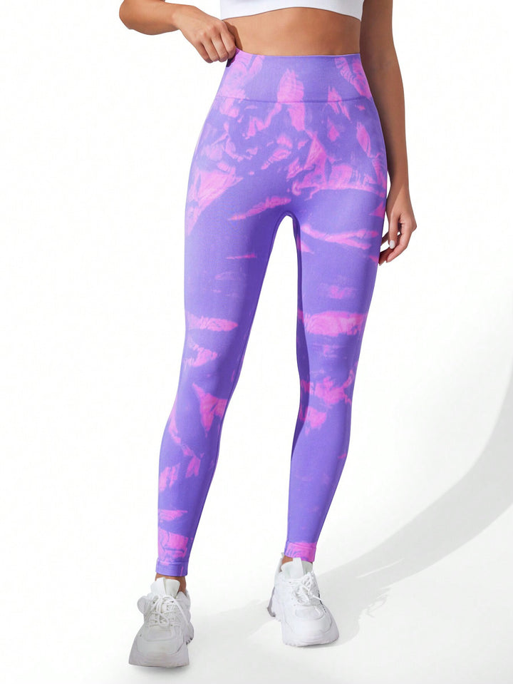 Dame sportleggings med moderne tie-dye mønster og høj talje Stilla