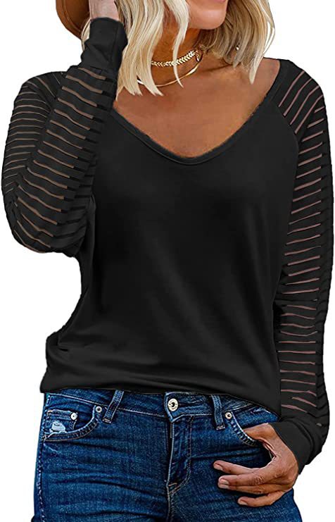 Dame V-hals top med transparente stribearm Stilla