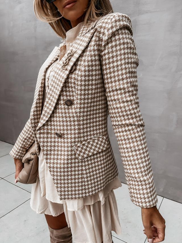 Dame Elegant Blazer med Dobbeltknaplukning og dekorativt Emblem Stilla