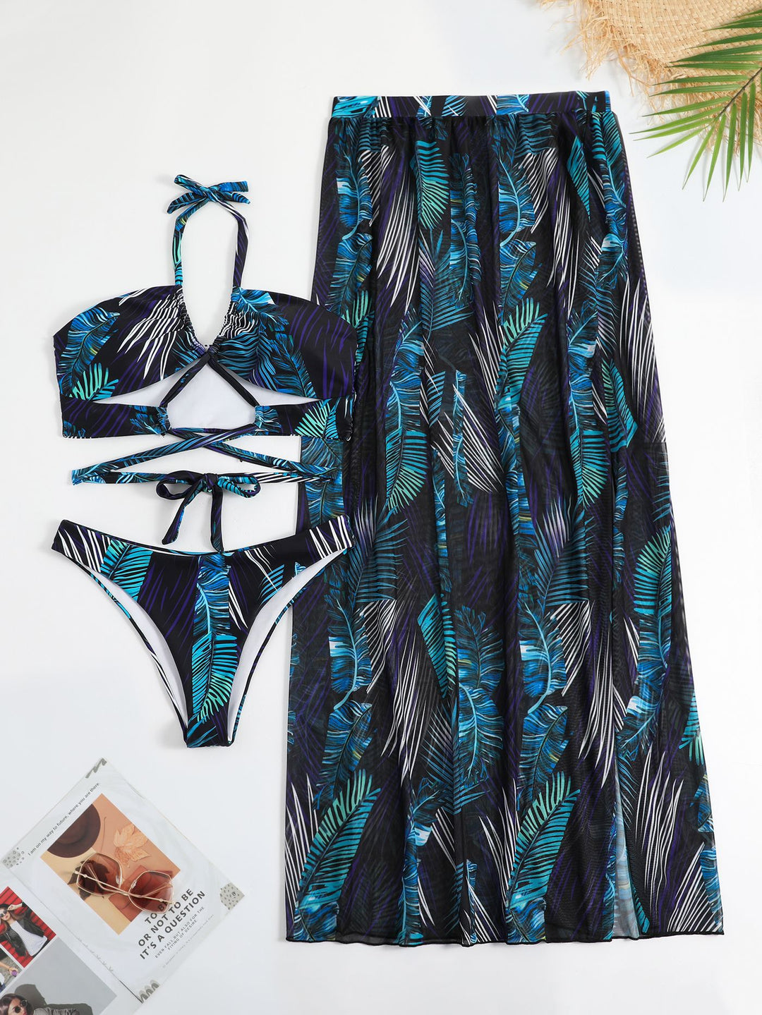 Dame bikini sæt med gennemsigtig strand nederdel og elegant blomster mønster Stilla
