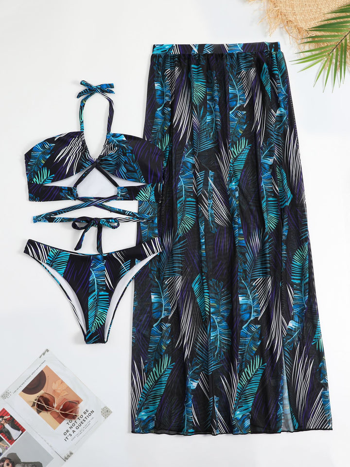 Dame bikini sæt med gennemsigtig strand nederdel og elegant blomster mønster Stilla