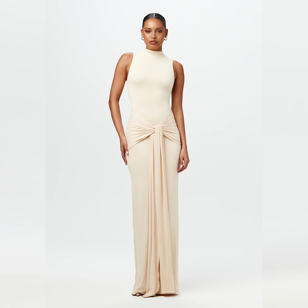 Dame Elegant Maxikjole med højtstående krave og drapering Skovae
