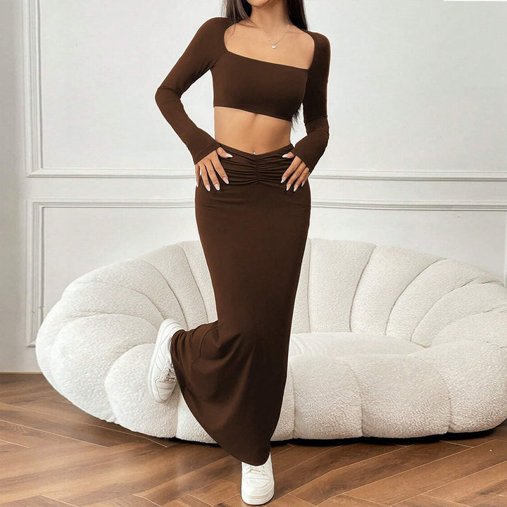 Kvinders Crop Top og Maxi Nederdel Sæt med Flæser Stilla
